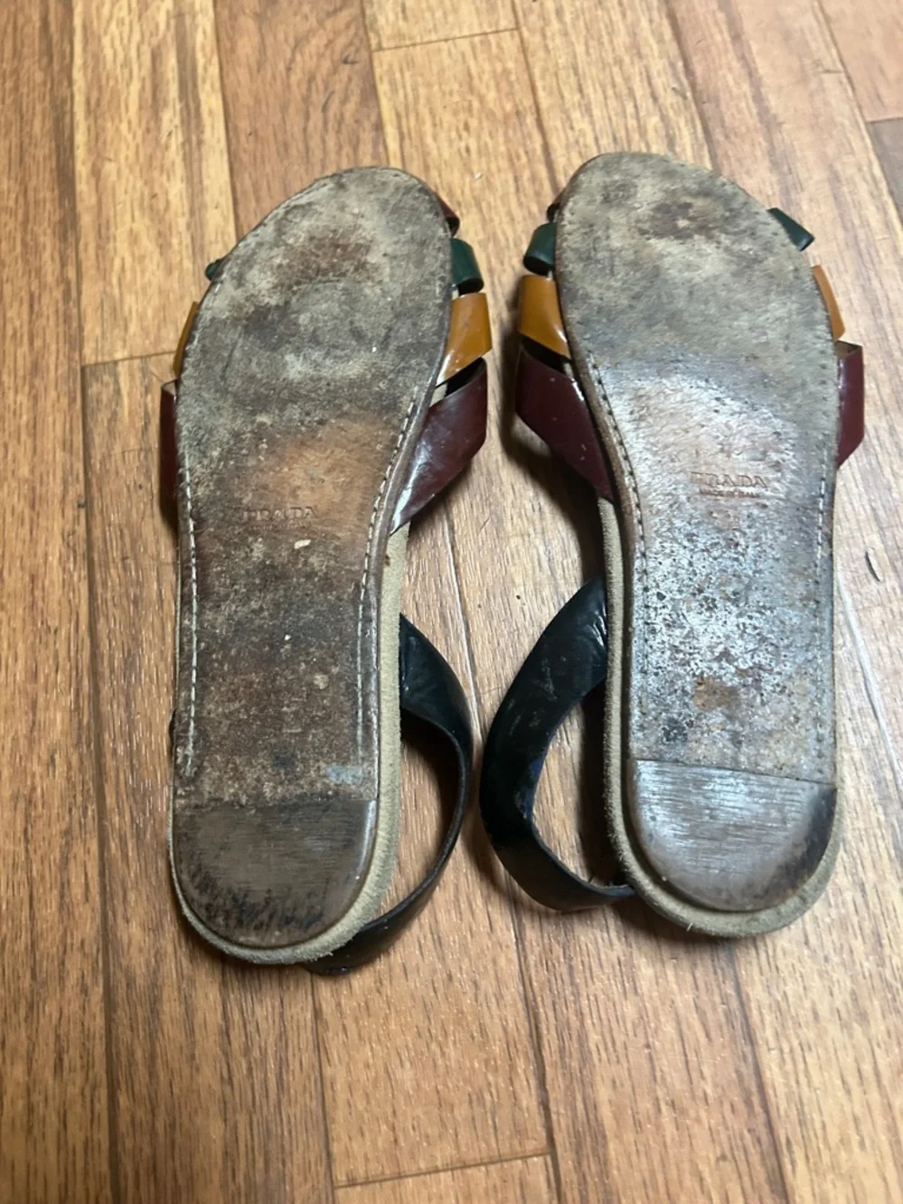 Prada Brown, Burgundy and Green Leather Woven Sandals